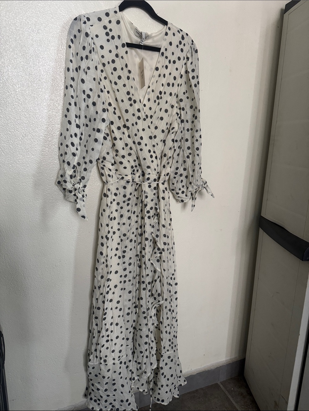 White Polka Dot Wrap Midi Dress with Self-Tie Waist